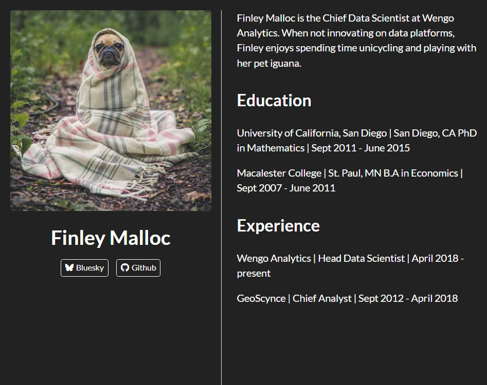Screenshot of an About page using the trestles template. It has a headshot of the author and links on the left and the body of the about page on the right.